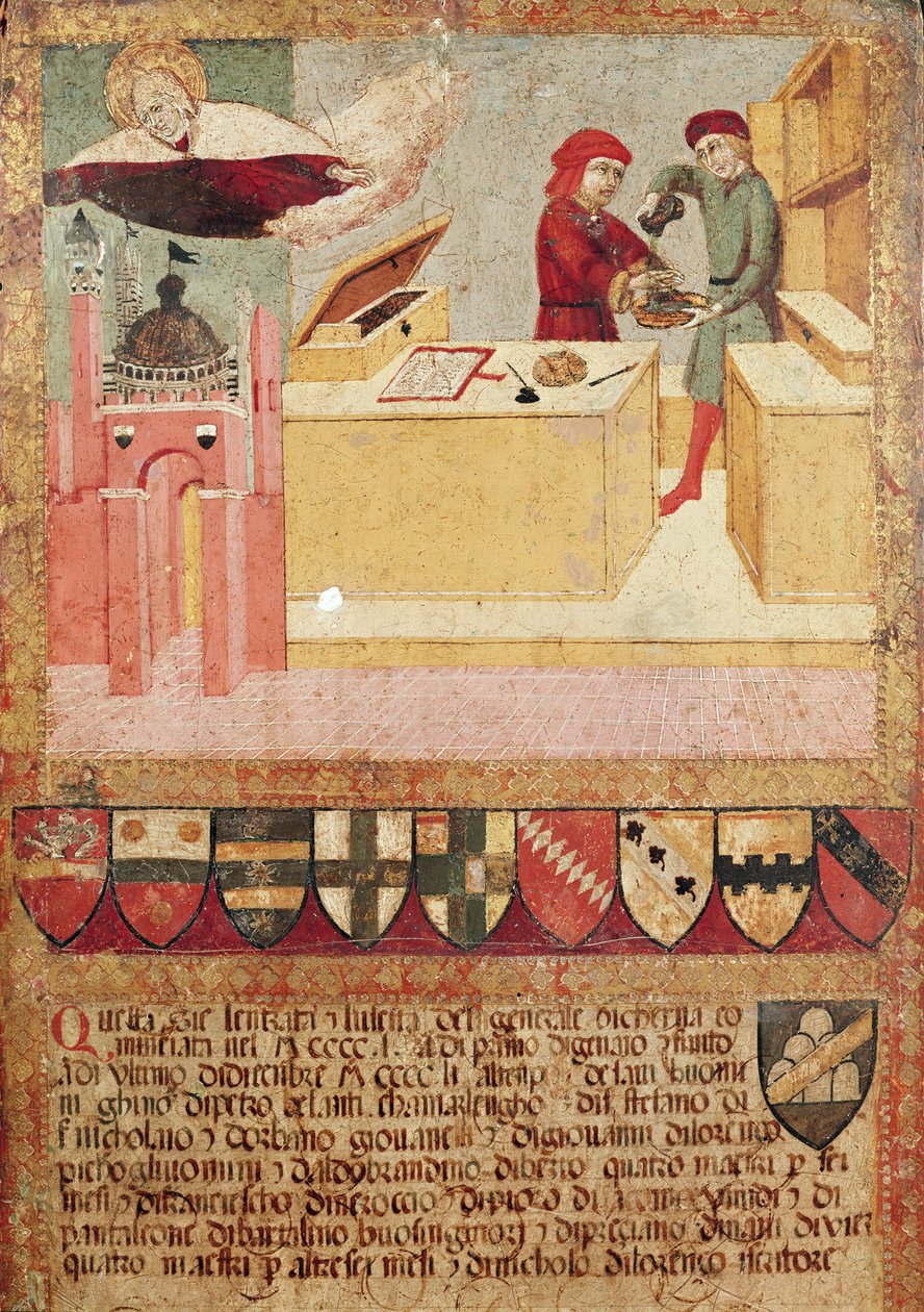 Biccherna som visar Camerlengo som tvättar sina händer och jungfrun som skyddar Siena, 1451 av Sano di Pietro