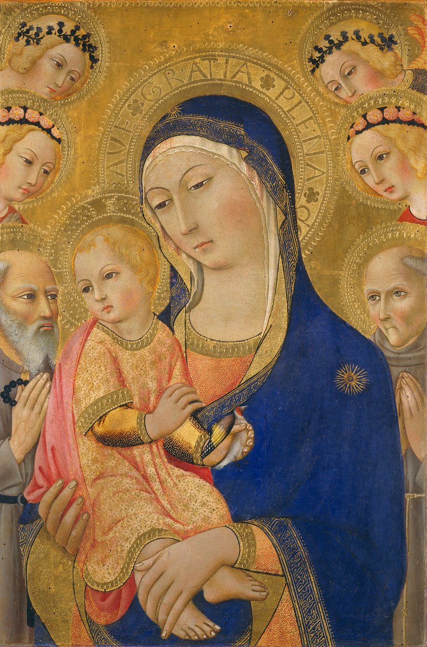 Madonna och barn med Sankt Jerome, Sankt Bernardino och änglar, ca 1460-70 (tempera på panel) av Sano di Pietro