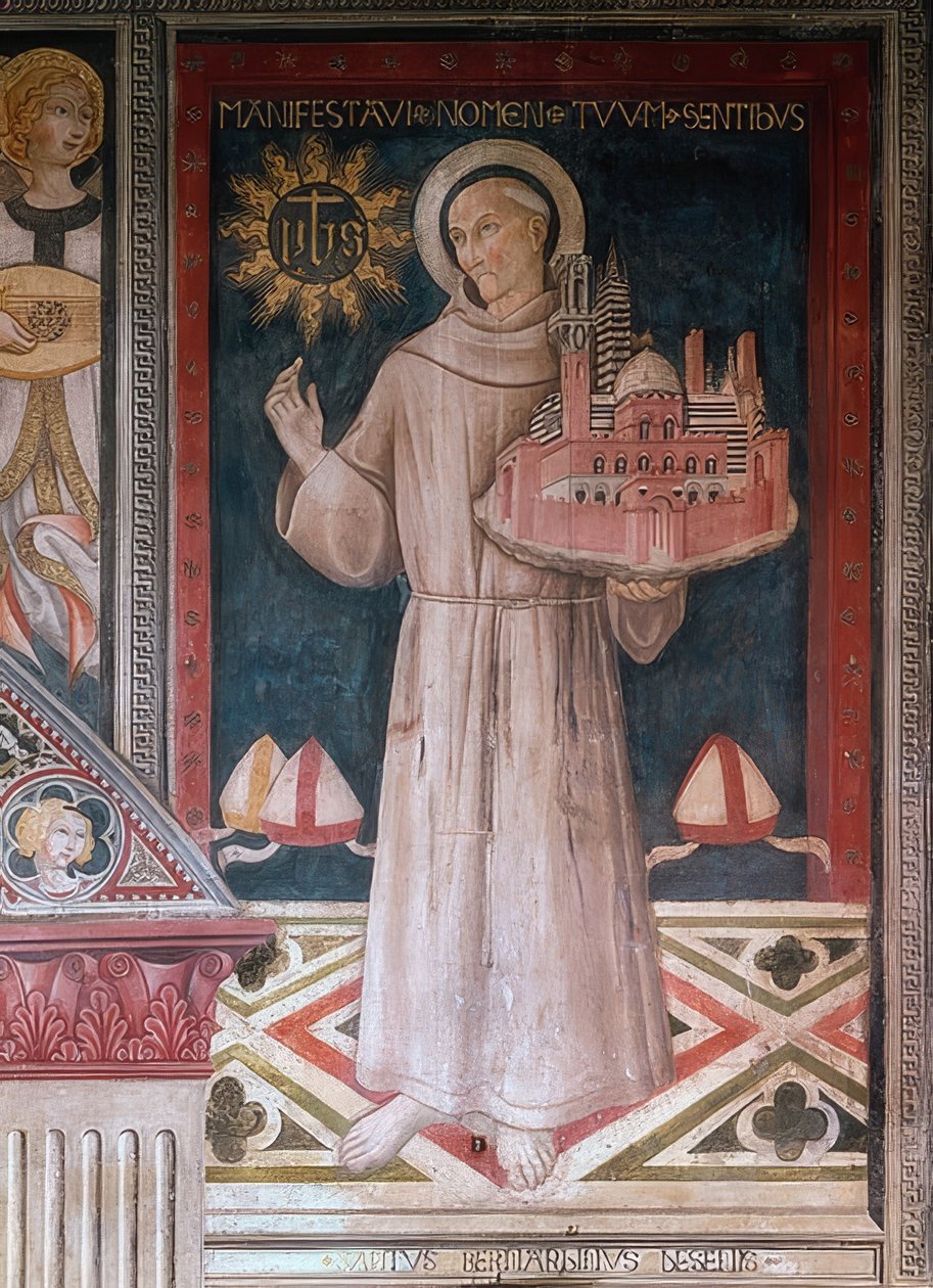 Saint Bernardine av Siena med en modell av staden Siena av Sano di Pietro