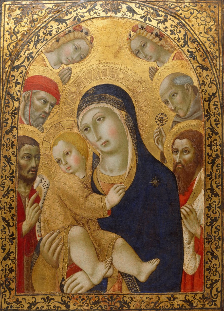 Madonna och barn med de heliga Hieronymus, Johannes Döparen, Bernardino och Bartolomeus, ca 1450-1475 av Sano di Pietro
