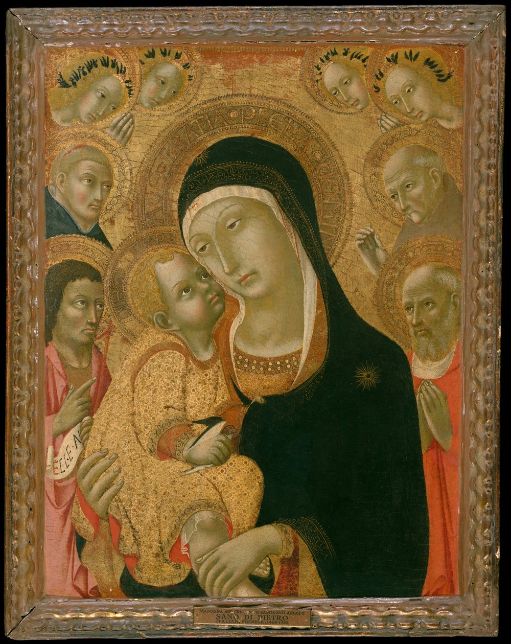 Madonna och barn med de heliga Johannes Döparen, Hieronymus, Peter Martyr..., ca. 1425-före ca. 1467. av Sano di Pietro