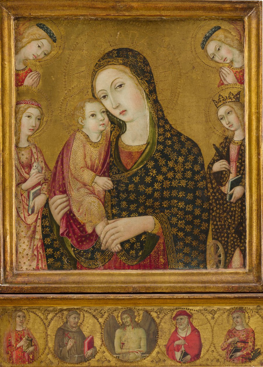Madonna och barn med den döde Kristus, heliga Agnes och Katarina av Alexandria...ca. 1470-80. av Sano di Pietro