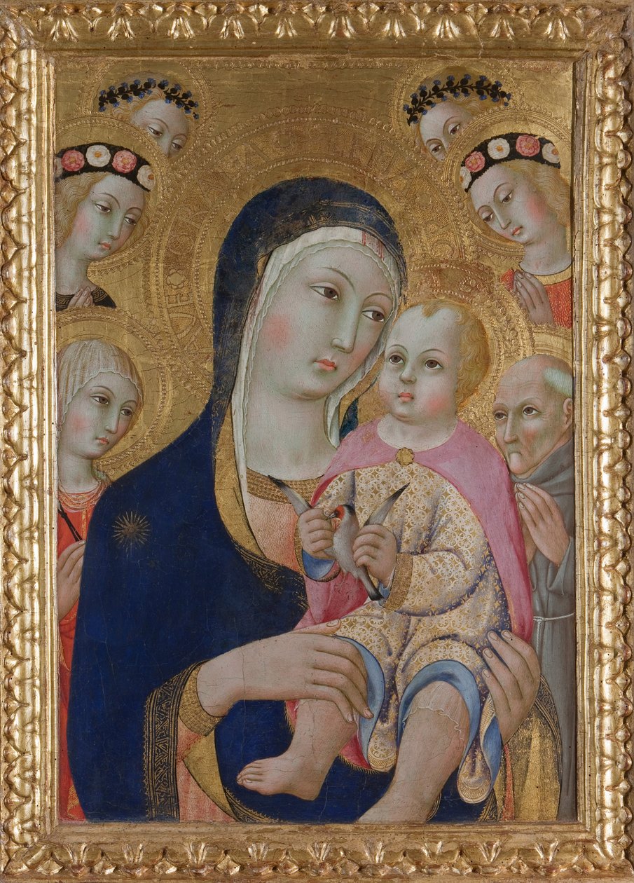Madonna med barnet, heliga Apollonia och Bernardino och fyra änglar, ca 1460 av Sano di Pietro