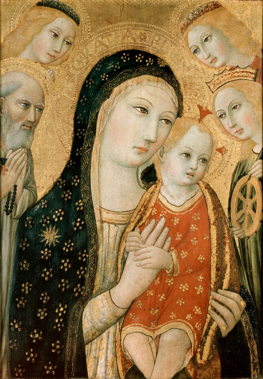 Jungfrun och barnet med den helige Hieronymus, den heliga Katarina av Alexandria och två änglar, c1470 av Sano di Pietro