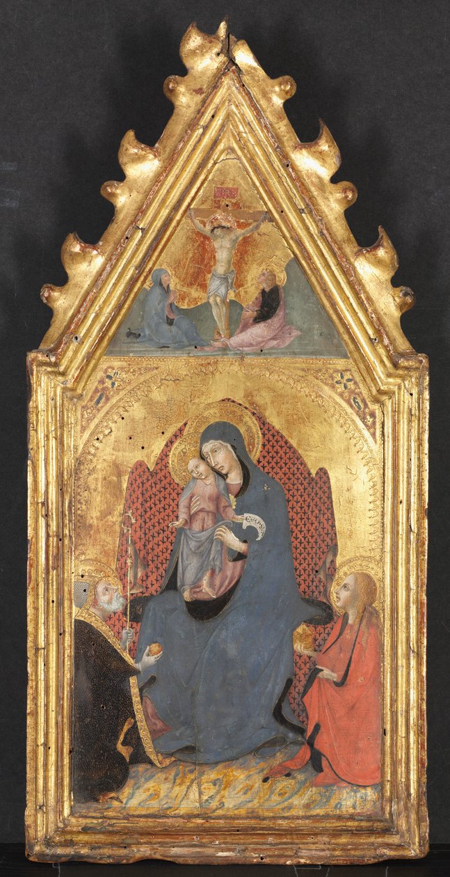 Jungfru och barn Älskade av de heliga Maria Magdalena och Nicolas av Bari, Kristus korsfäst..., 1400-talet. av Sano di Pietro