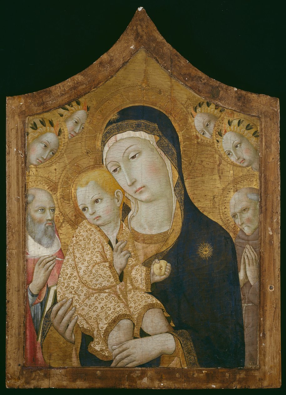 Jungfru Maria och barnet med helgonet Hieronymus, Bernhardino av Siena och änglar av Sano di Pietro