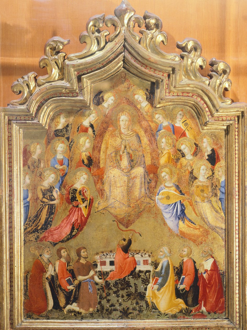 Jungfruns antagande av Sano Di Pietro (1406-1481), Detalj av övre sektionen av Sano di also Ansano di Pietro di Mencio Pietro