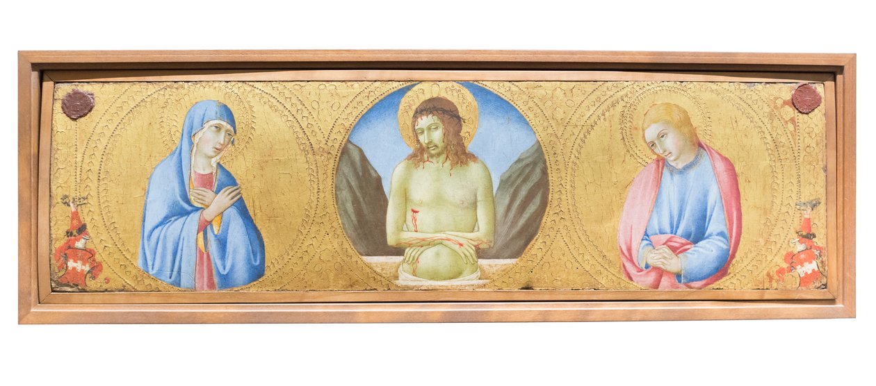 Kristus som sorgens man mellan jungfru Maria och evangelisten Johannes av Sano di also Ansano di Pietro di Mencio Pietro