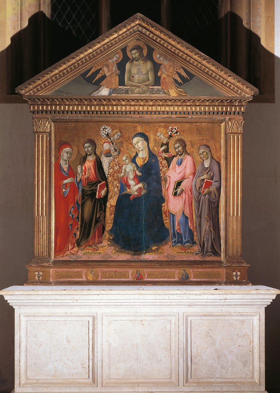 Madonna och barn med heliga och Kristus i Pieta av Sano di also Ansano di Pietro di Mencio Pietro