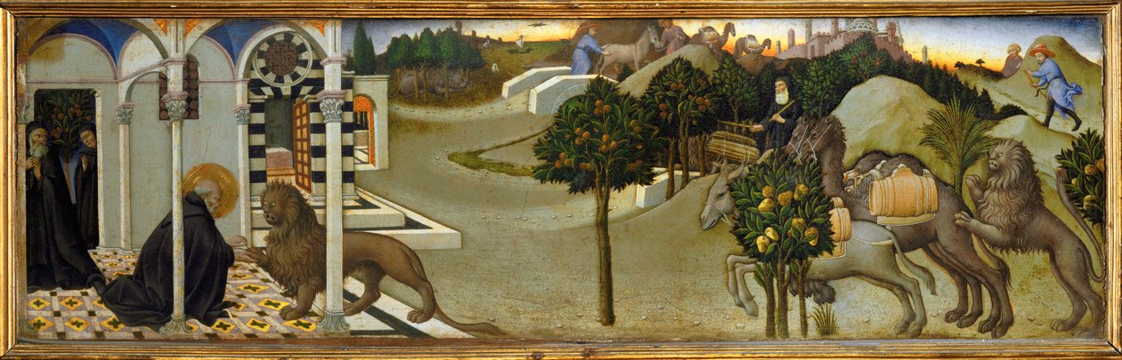 Sankt Hieronymus drar ut en tagg ur lejonets tass... av Sano di also Ansano di Pietro di Mencio Pietro