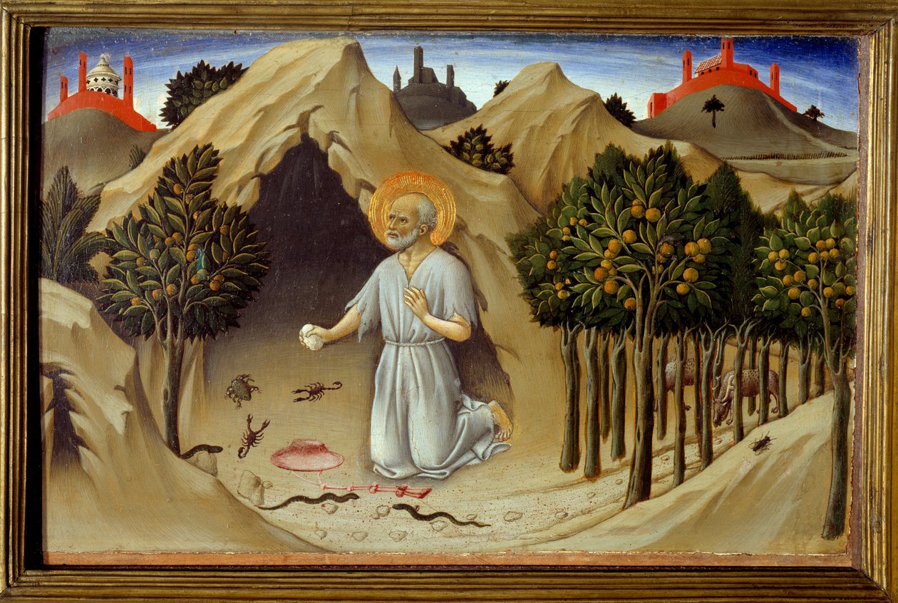Scen av Sankt Hieronymus liv: "" Sankt Hieronymus ånger" Målning av Sano di Pietro (1406-1481) 1400-talet. Sol 0,23x0,36 m av Sano di also Ansano di Pietro di Mencio Pietro