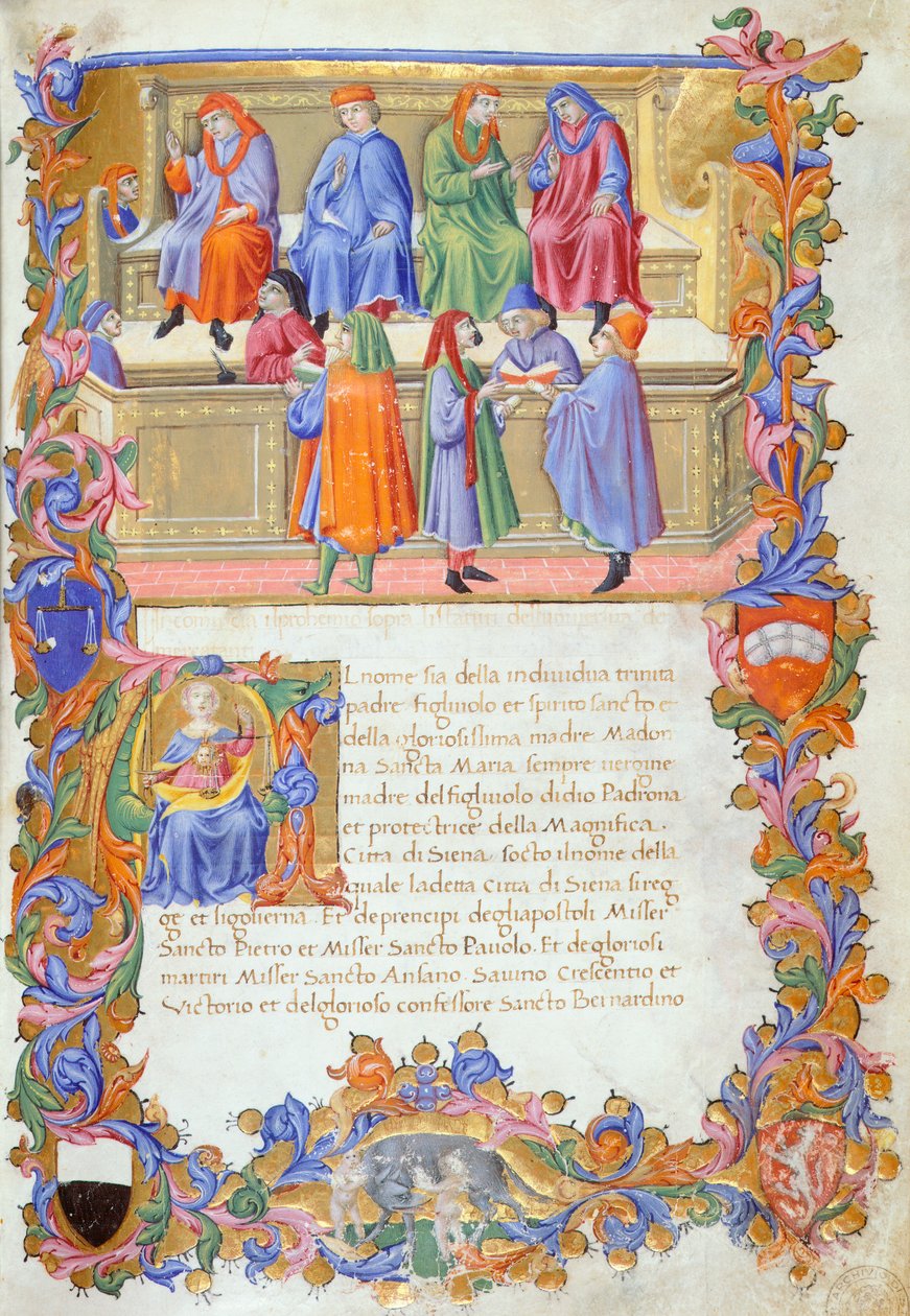 The Tribunal of Merchandise, miniatyrer från Stadgar för köpmän nr 6 av Sano di Pietro. av Sano di also Ansano di Pietro di Mencio Pietro