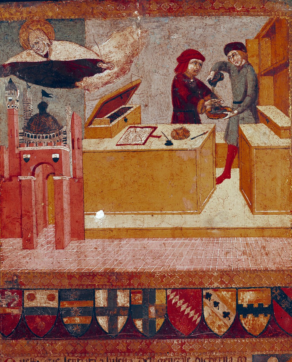 Kamerlingvisten tvättar symboliskt sina händer medan den välvilliga och beskyddande Jungfrun flyger över staden Siena Detail. Trämålning av Sano di Pietro (1406-1481) som dekorerar en Biccherna (omslaget till Sienas bokföringsregister) 1451. av Sano di also Ansano di Pietro di Mencio Pietro