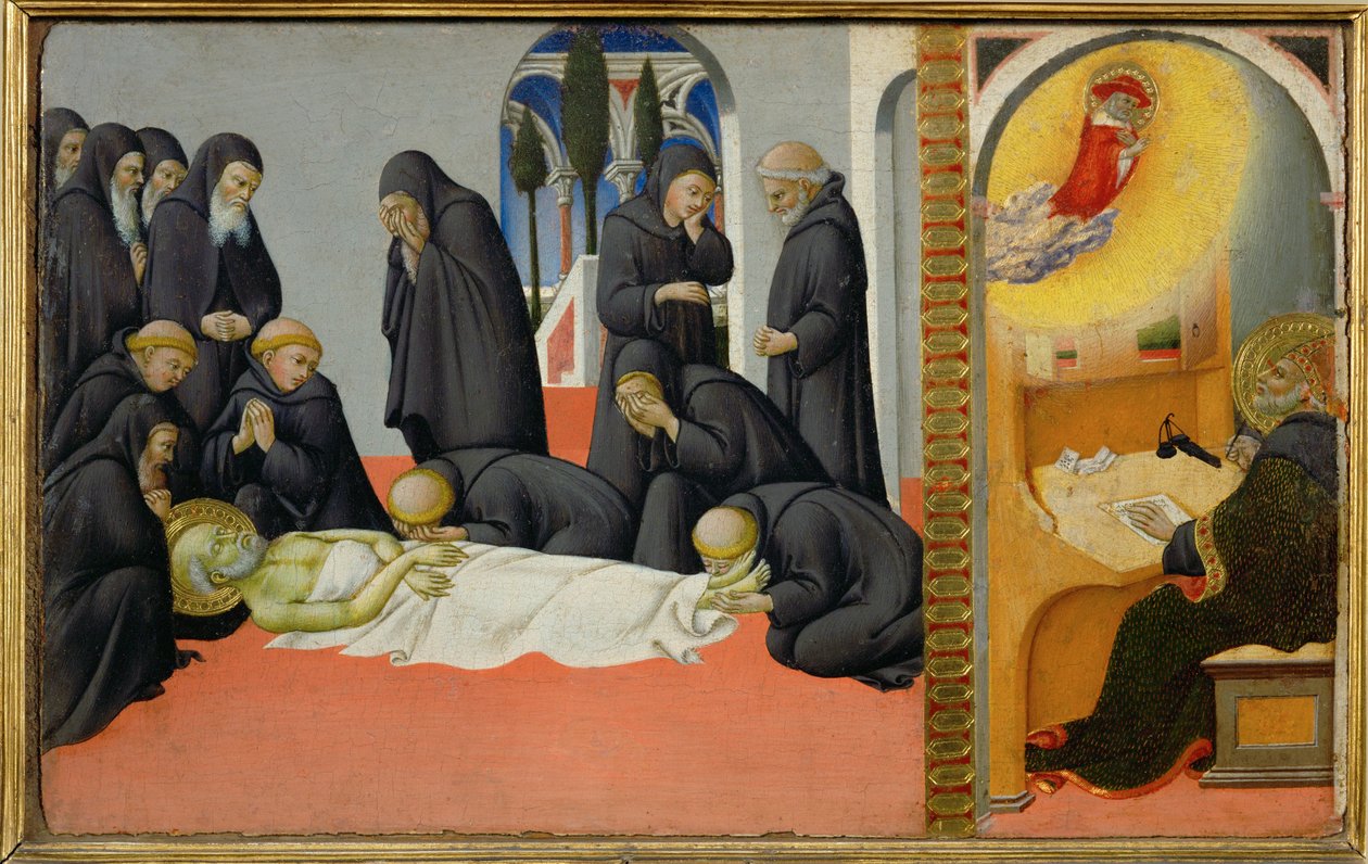 Sankt Hieronymus död bland sina lärjungar: han framträder för Sankt Cyril, biskop i Jerusalem ... av Sano di also Ansano di Pietro di Mencio Pietro
