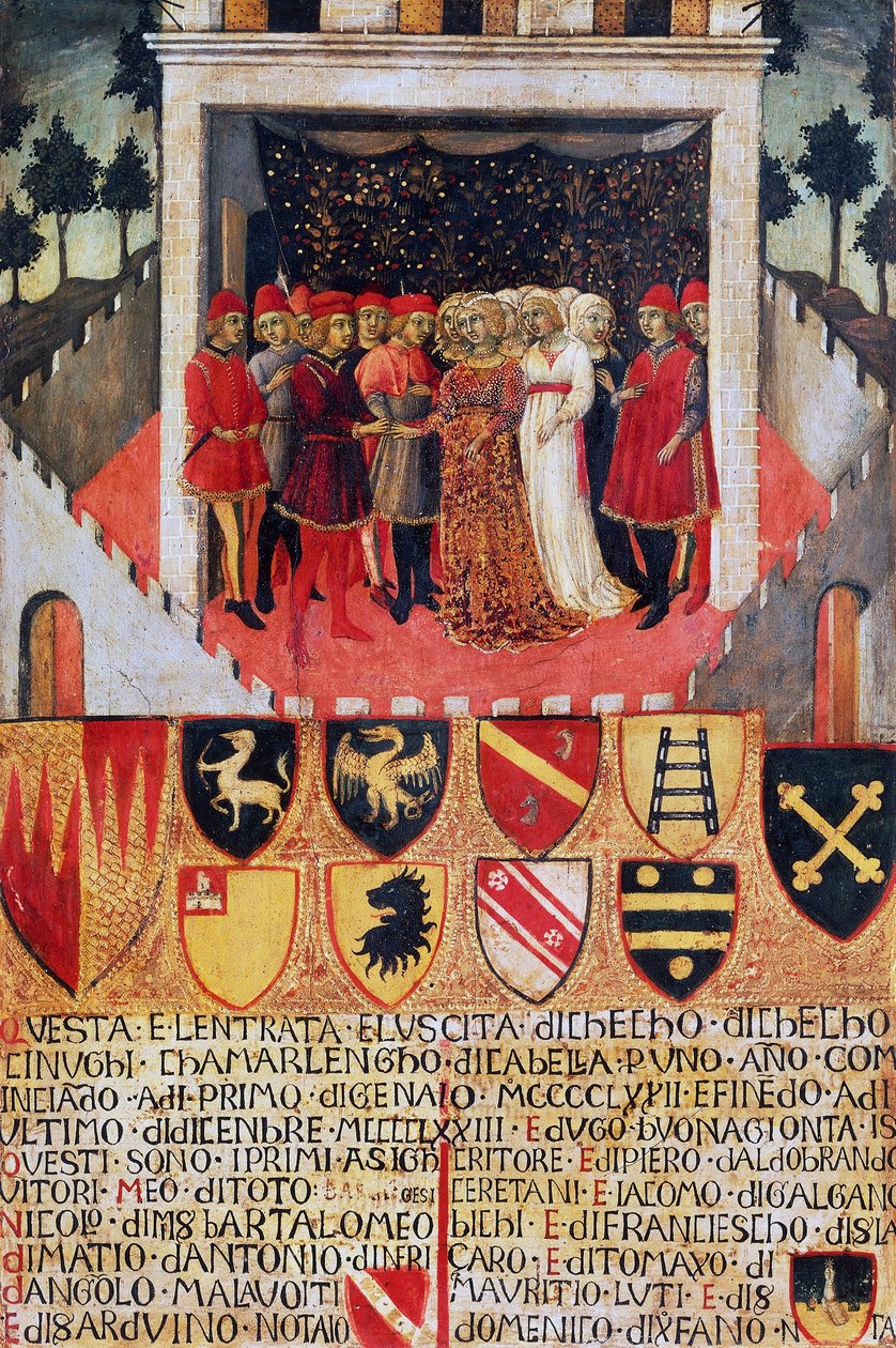 Ringens gåva, bröllopsscen mellan Sienes adliga familjer av Sano di also Ansano di Pietro di Mencio Pietro