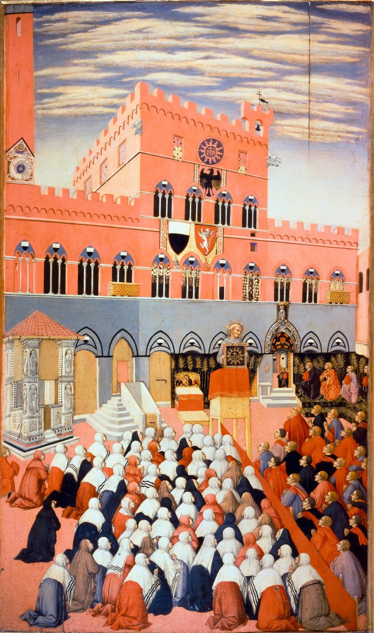 Predikationen av Bernardino av Siena (Bernardino da Siena eller Bernardino degli Albizzeschi av Sano di also Ansano di Pietro di Mencio Pietro