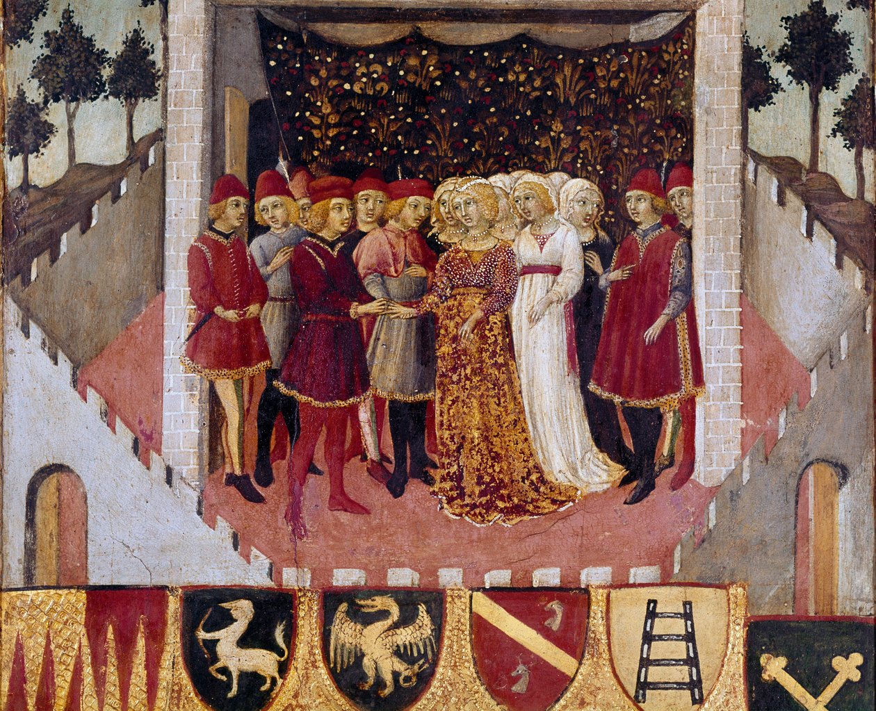 Bröllopsceremoni för ett par av adeln i staden Siena Målning av Sano di Pietro (1406-1481) som dekorerar en Biccherna (omslaget till räkenskapsregistret för staden Siena) 1473. Siena Archivio di Stato, Italien av Sano di also Ansano di Pietro di Mencio Pietro