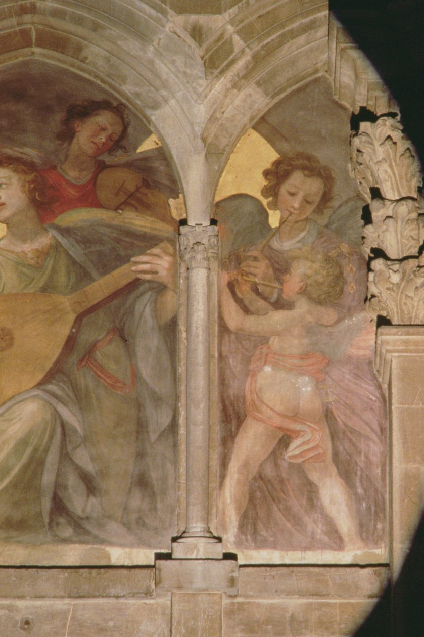 Musikaliska änglar med en trompe loeil kloster, detalj av kerub som spelar flöjt, från den inre västra fasaden freskomålning detalj av 100329 av Santi di Tito