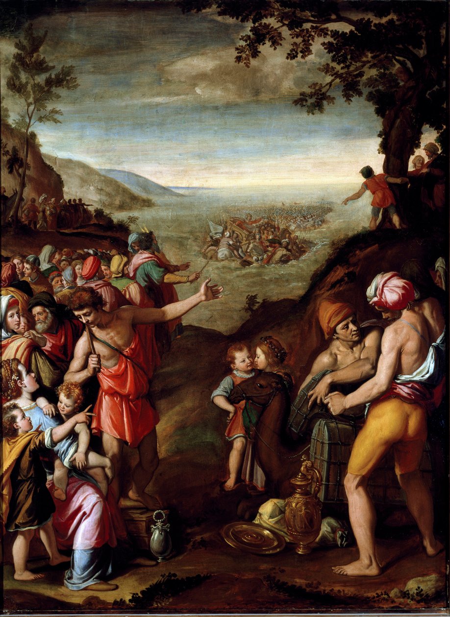 Röda havets passage Det hebreiska folket, på flykt från Egypten, korsar Röda havet, under ledning av Moses. Målning av Santi di Tito (1536-1603) Florens, skåp av Francois I, Palazzo Vecchio av Santi di Tito