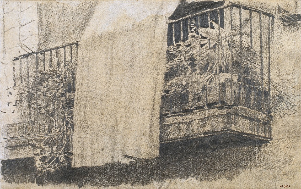 Balcony with Flowers and Curtain av Santiago Rusiñol