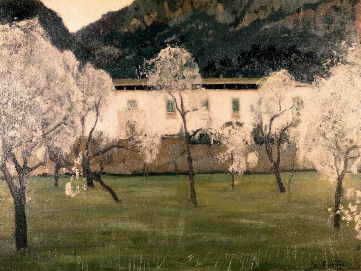 Landskap med blommor i träd. Målning av Santiago Rusinol y (i) Prats (1861-1931). Olja på duk Barcelona. Kataloniens nationalmuseum för konst. av Santiago Rusinol i Prats
