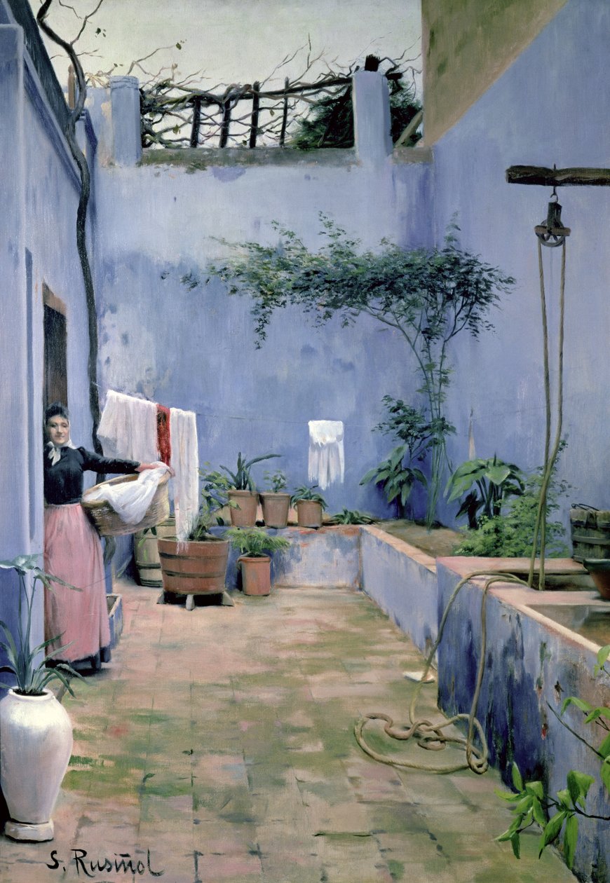 Uteplatsinteriör (olja på duk) av Santiago Rusinol i Prats