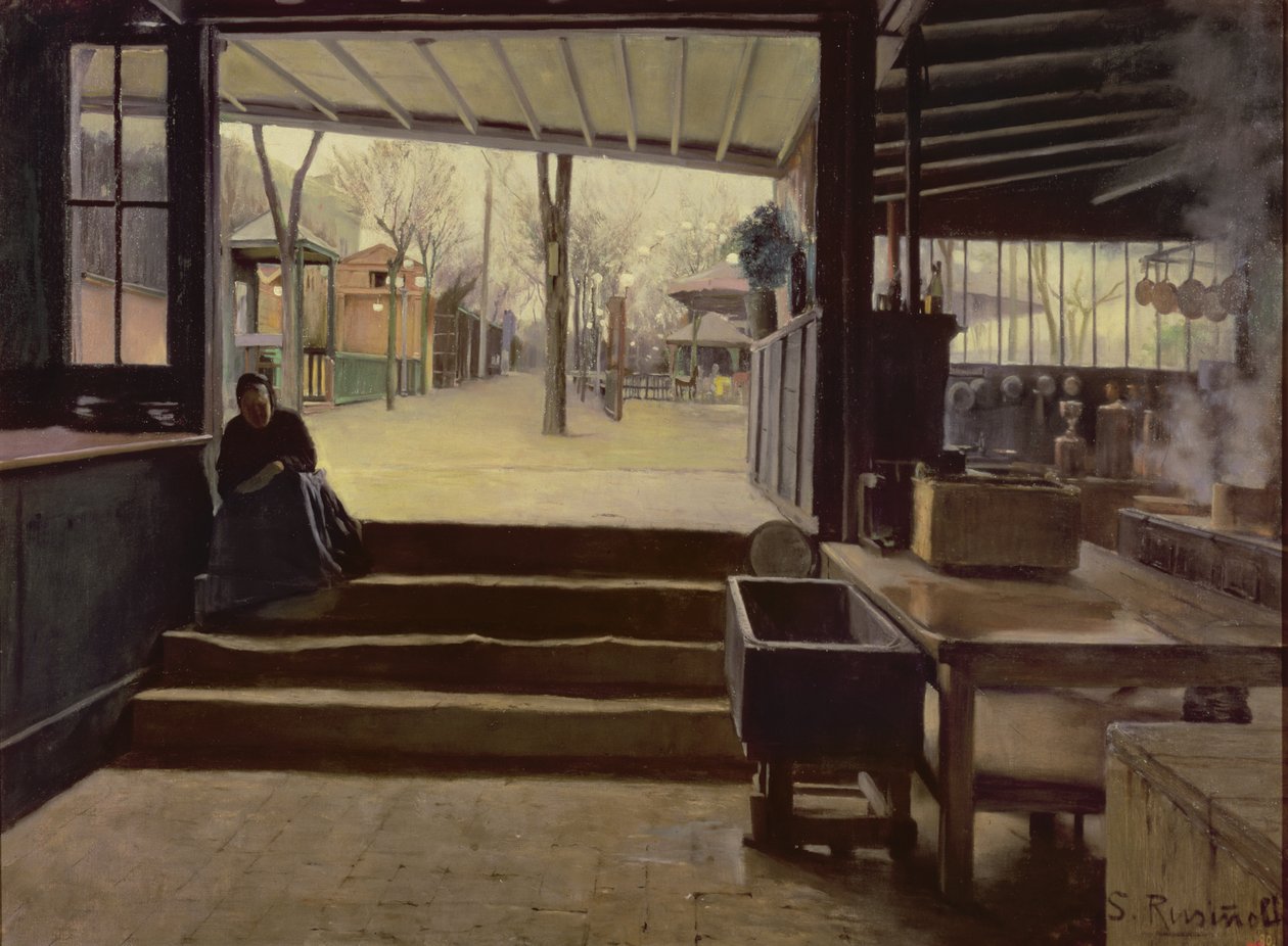 Köket eller laboratoriet i Moulin de la Galette, Paris (olja på duk) av Santiago Rusinol i Prats