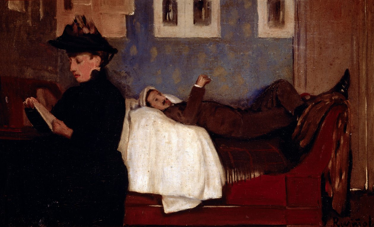 Verkstaden i Paris. Karaktärsskiktet är troligen Miguel Utrillo (1862-1934). Målning av Santiago Rusinol y (i) Prats (1861-1931) av Santiago Rusinol i Prats