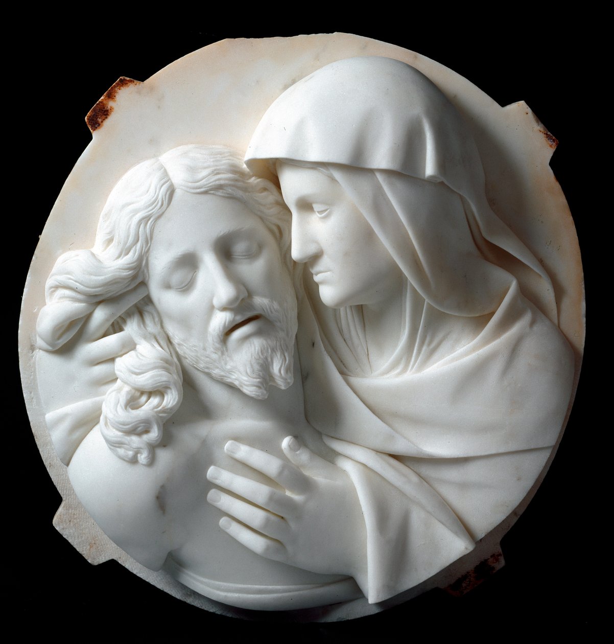 Pieta-marmorskulptur av Santo Varni (1807-1885) 1863-1870. Dämpa. 56x52x12 cm Från Prince Odon di savoias samling. Genes, Galleria d