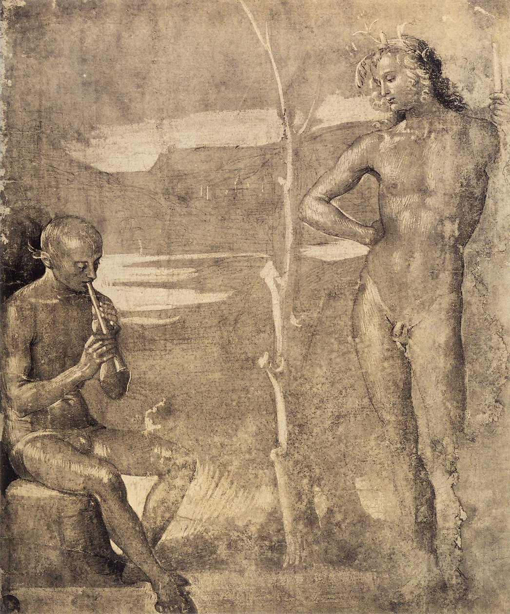 Förberedande teckning för Apollon och Marsia, 1490-92 (penna och bläck med tvätt på papper) av Raffaello Sanzio Raphael
