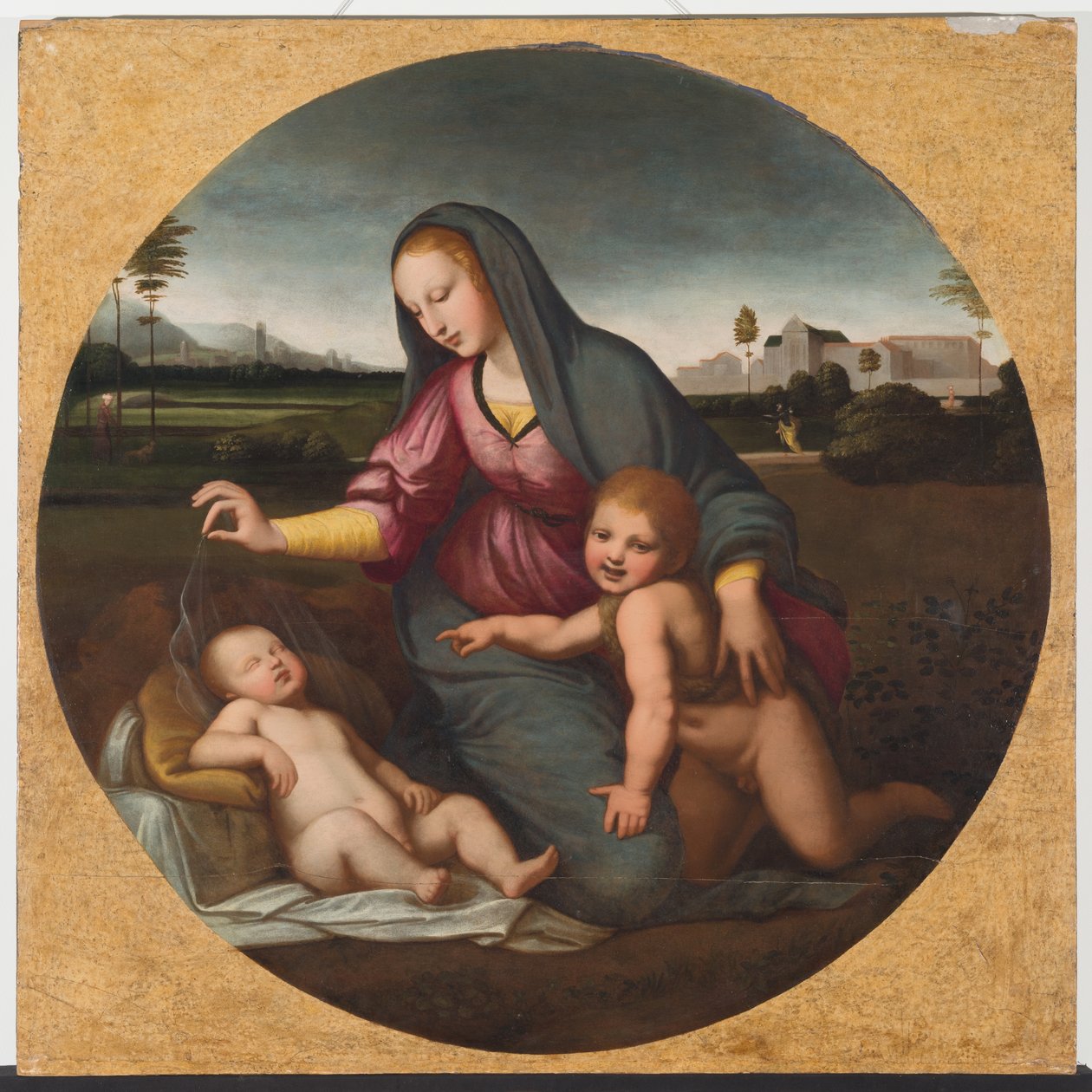 Madonna och barn med den unge St. John, ca 1500 (olja på trä) av Sanzio of Urbino (follower of) Raphael