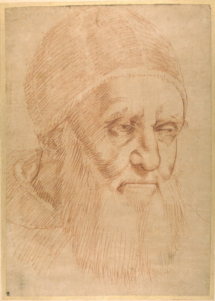 Påven Julius II, efter en tecknad serie av Rafael (röd krita på tunt oljat papper) av Sanzio of Urbino (follower of) Raphael