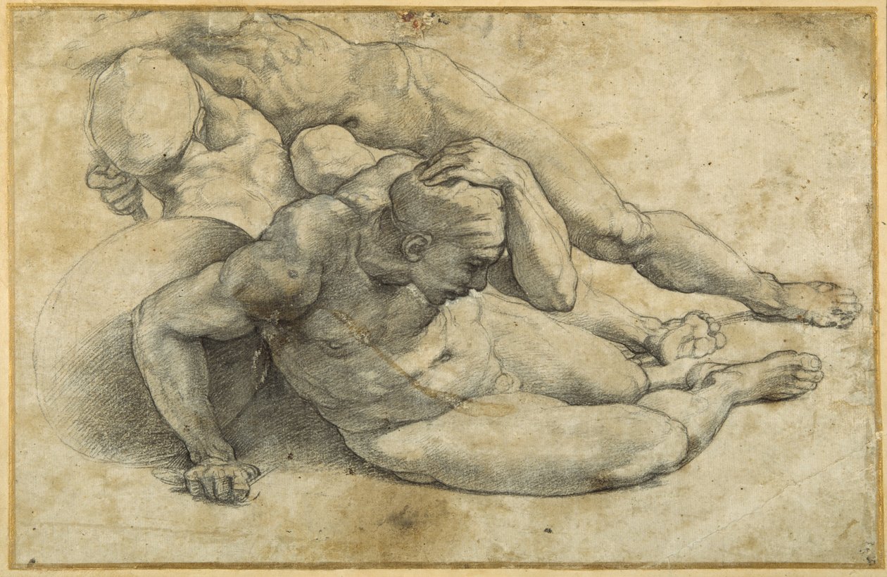 Studie av tre soldater för "Uppståndelsen" (svart krita på papper) av Sanzio of Urbino (workshop) Raphael
