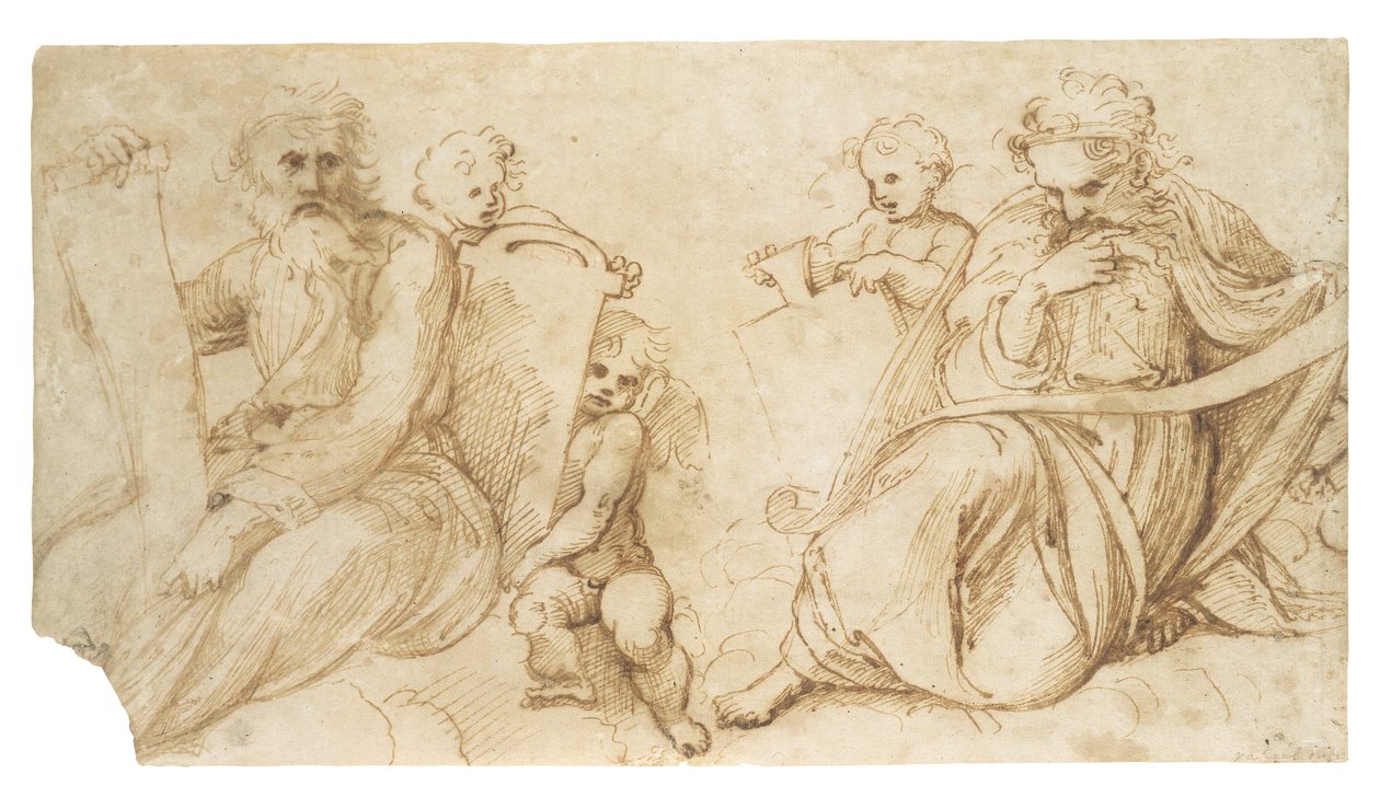 Två profeter med rullar sittande med putti som håller tabletter av Sanzio of Urbino Raphael