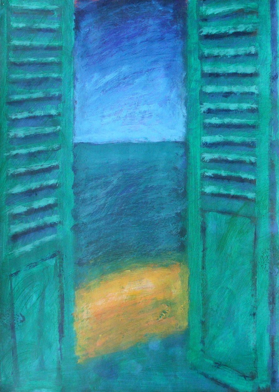 Green Shutters (akryl på tavla) av Sara Hayward