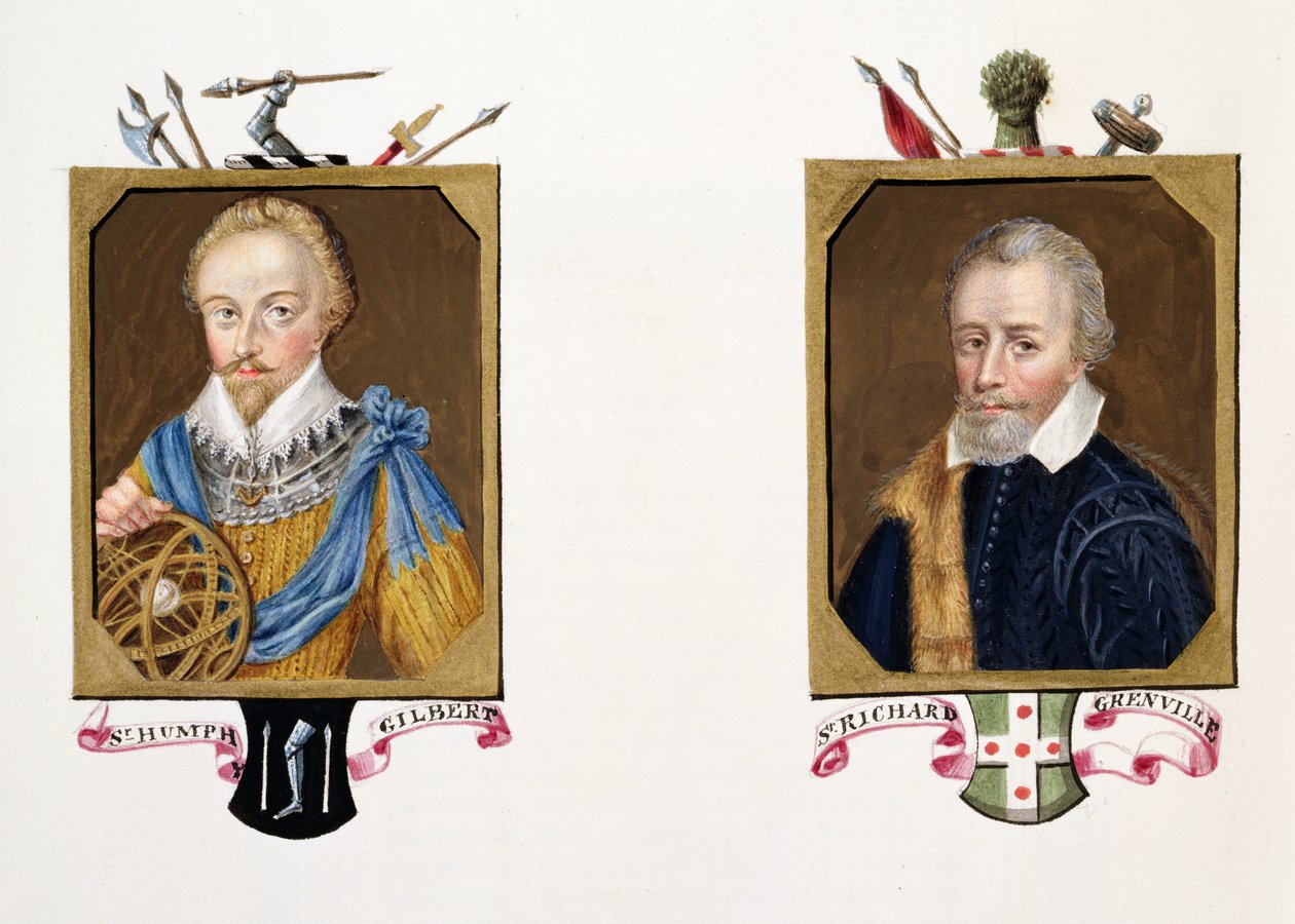Dubbelporträtt av Sir Humphrey Gilbert (ca 1539-83) och Sir Richard Grenville (ca 1541-91) från "Memoirs of the Court of Queen Elizabeth", publicerad 1825 (wc och gouache på papper) av Sarah Countess of Essex