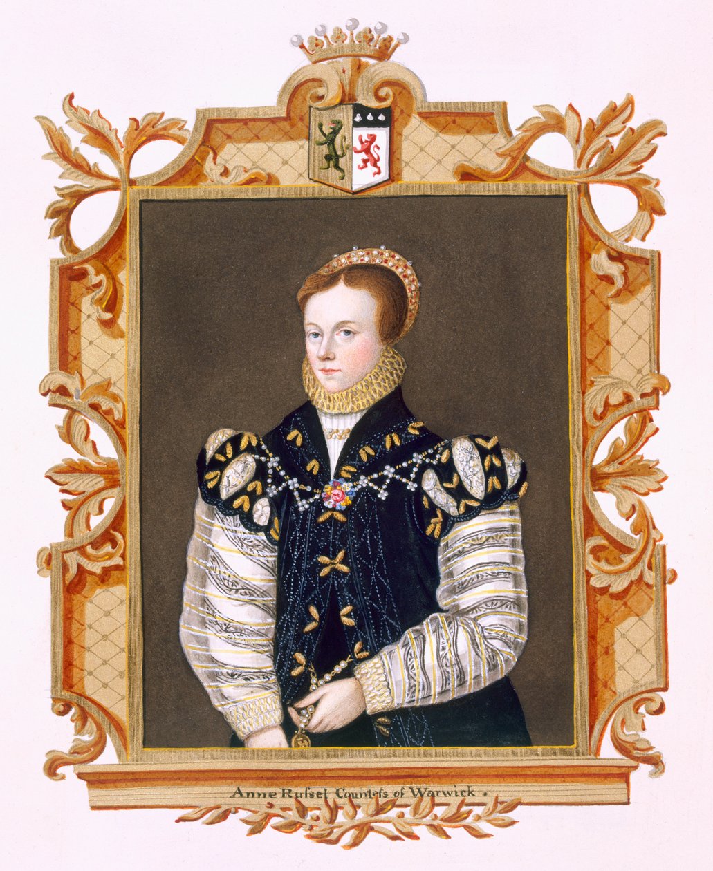 Porträtt av Anne Russell (d.1604) grevinna av Warwick från "Memoirs of the Court of Queen Elizabeth", efter ett porträtt från ca 1569 i Woburn Abbey, publicerat 1825 (wc och gouache på papper) av Sarah Countess of Essex