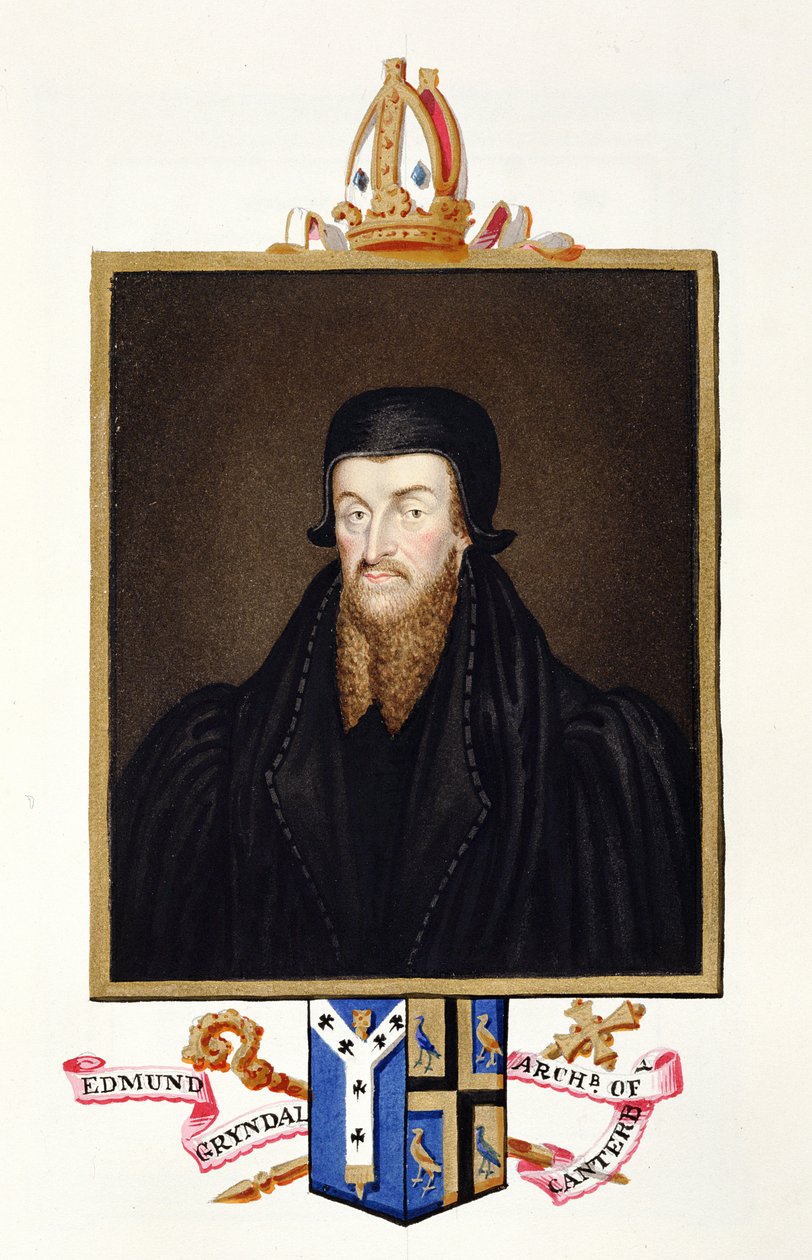 Porträtt av Edmund Grindal (ca 1519-83) ärkebiskop av Canterbury från "Memoirs of the Court of Queen Elizabeth", publicerad 1825 (wc och gouache på papper) av Sarah Countess of Essex