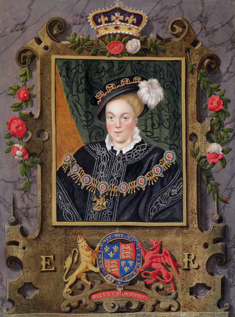 Porträtt av Edvard VI (1537-53), kung av England, omkring 14 år gammal, från "Memoirs of the Court of Queen Elizabeth" efter en miniatyr i den kungliga samlingen av Nicholas Hilliard (1537-1619), publicerad i 1 av Sarah Countess of Essex