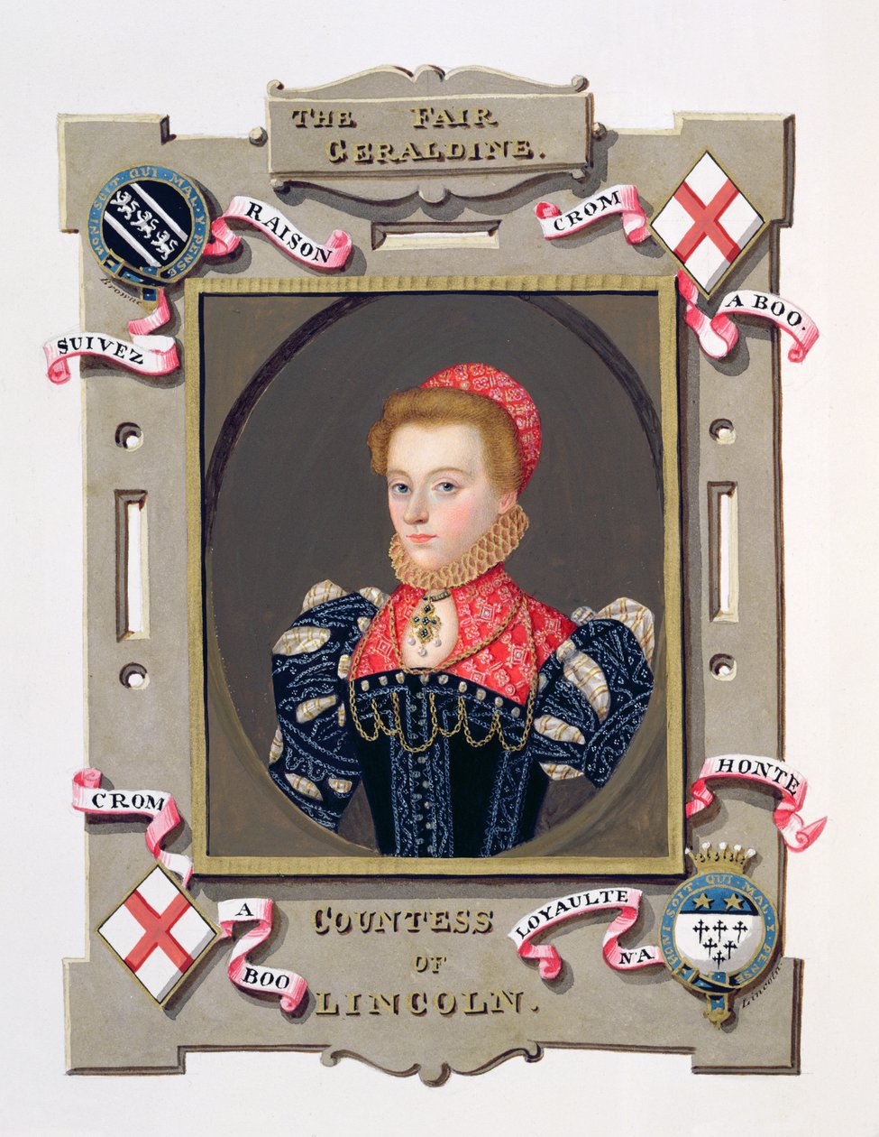 Porträtt av Elizabeth Fitzgerald (ca 1528-89) grevinna av Lincoln från "Memoirs of the Court of Queen Elizabeth" efter ett porträtt av Stephen van der Meulen (1632-1690), publicerat 1825 (wc och gouac). av Sarah Countess of Essex