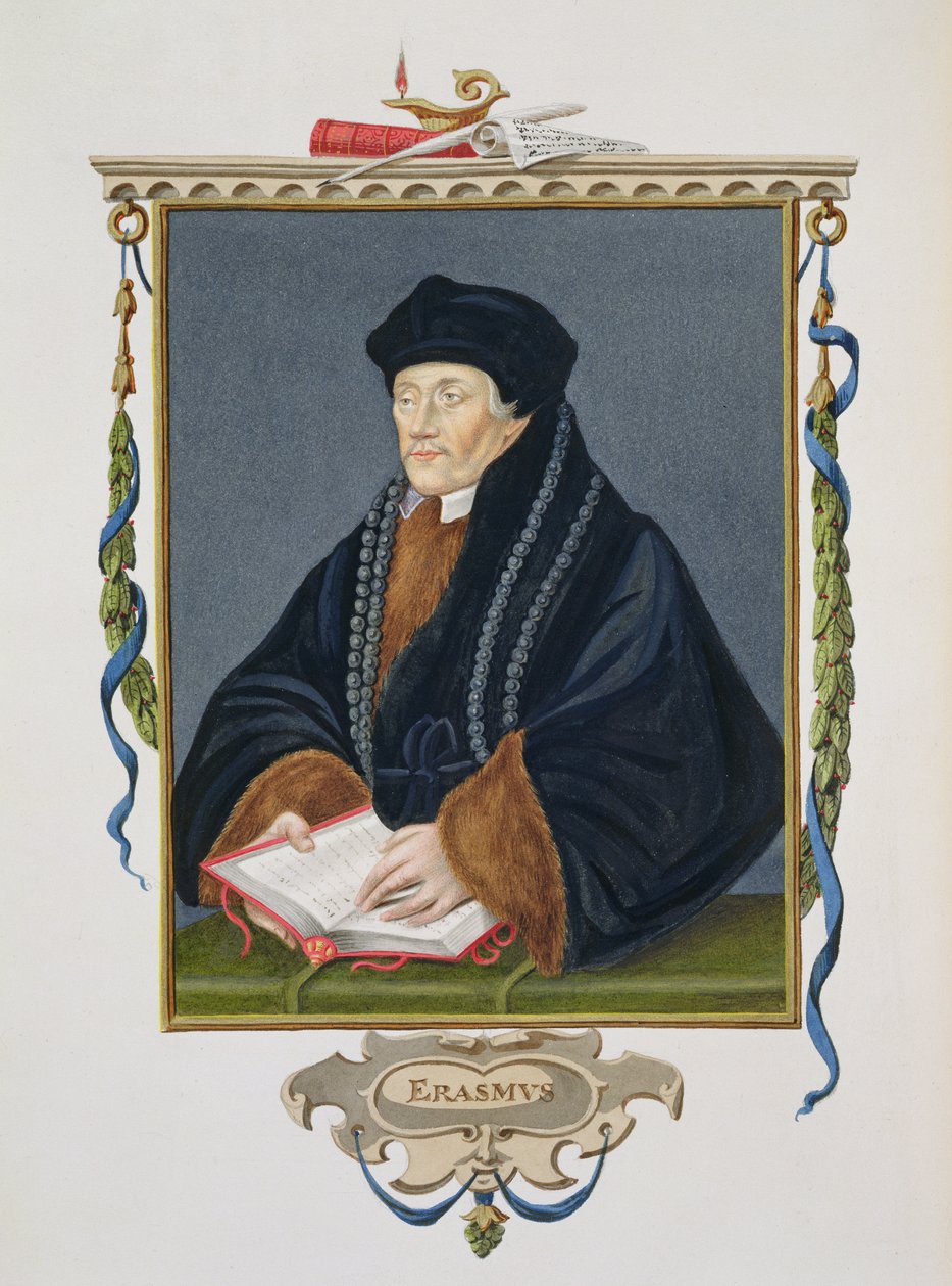 Porträtt av Erasmus (ca 1466-1536) från "Memoirs of the Court of Queen Elizabeth", publicerad 1825 (wc och gouache på papper) av Sarah Countess of Essex