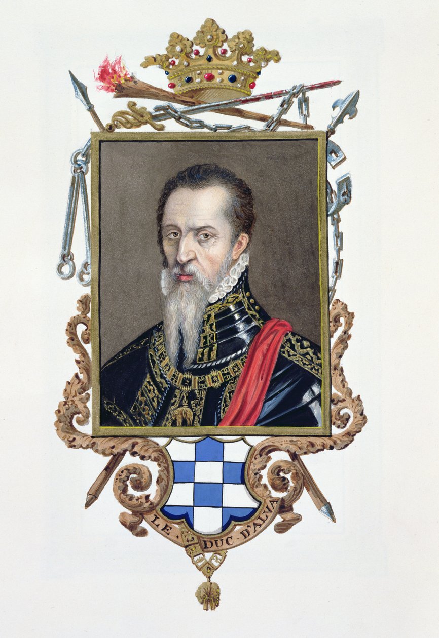 Porträtt av Ferdinand Alvarez de Toledo hertig av Alva från "Memoirs of the Court of Queen Elizabeth", publicerad 1825 (wc och gouache på papper) av Sarah Countess of Essex