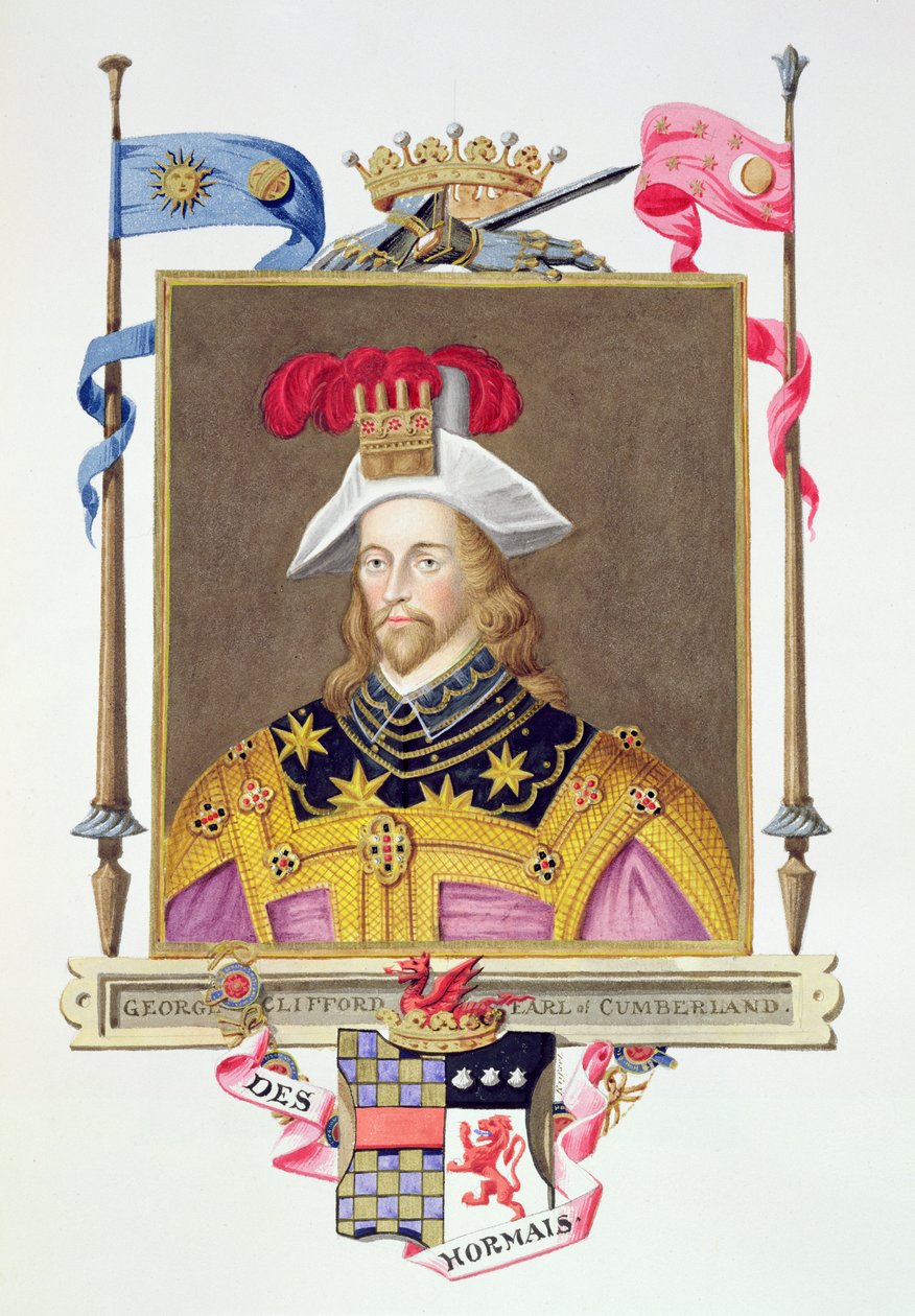 Porträtt av George Clifford (1558-1605) 3:e earlen av Cumberland från "Memoirs of the Court of Queen Elizabeth" efter en miniatyr av Nicholas Hilliard (1547-1619), publicerad 1825 (wc och gouache på av Sarah Countess of Essex