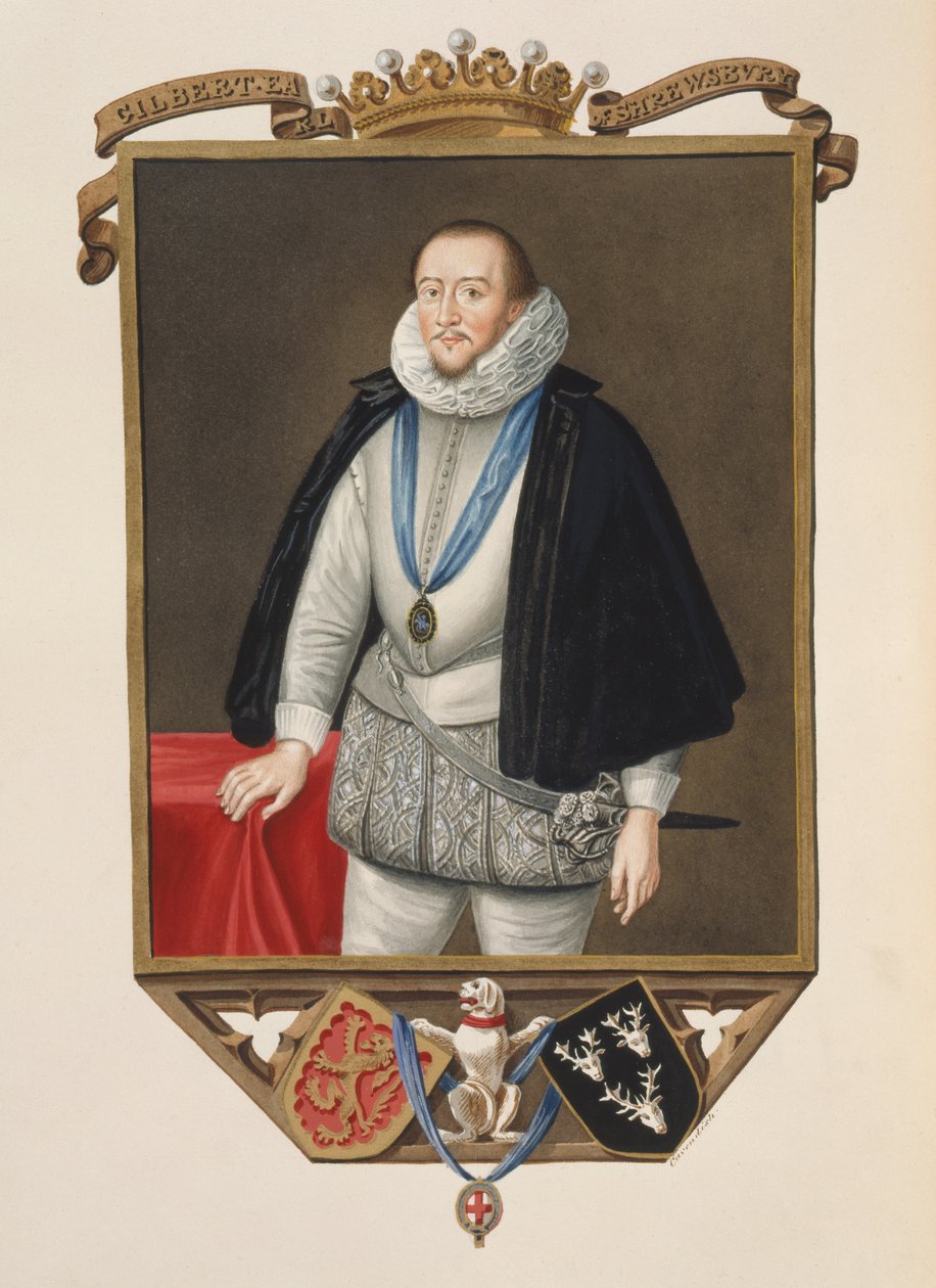 Porträtt av Gilbert Talbot (1553-1616) 7:e earlen av Shrewsbury från Memoirs of the Court of Queen Elizabeth efter ett porträtt av Sir William Segar (d.1633), publicerat 1825 (wc och gouache på papper) av Sarah Countess of Essex