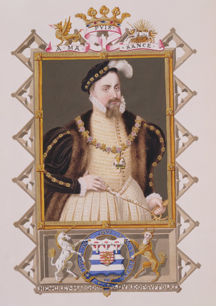 Porträtt av Henry Gray (d.1554) hertig av Suffolk från Memoirs of the Court of Queen Elizabeth, publicerad 1825 (wc och gouache på papper) av Sarah Countess of Essex