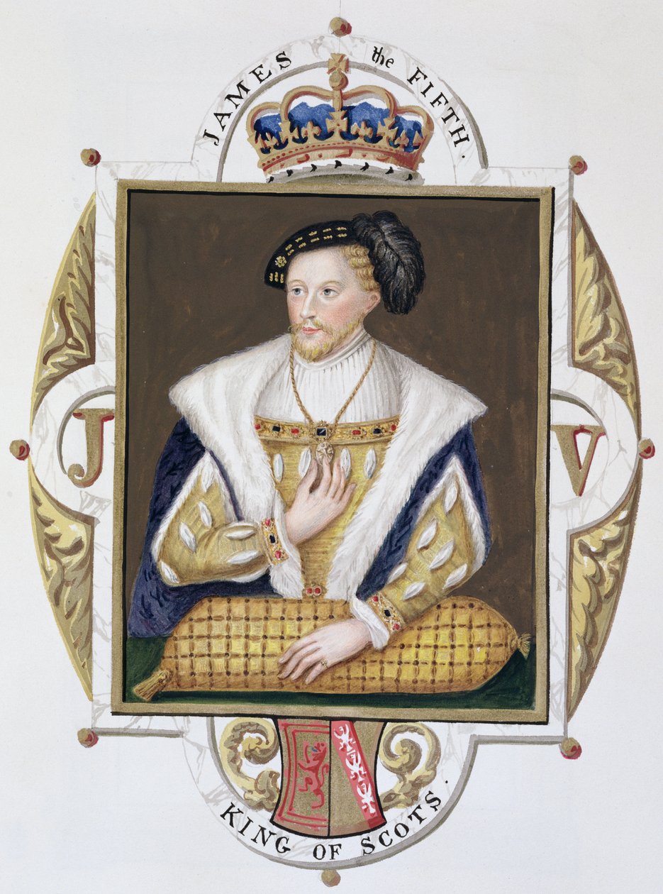 Porträtt av James V (1512-42), kung av Skottland, ur "Memoirs of the Court of Queen Elizabeth", publicerad 1825 (wc och gouache på papper) av Sarah Countess of Essex