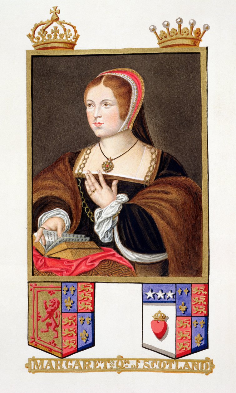 Porträtt av Margaret Tudor (1489-1541) Queen of Scotland från "Memoirs of the Court of Queen Elizabeth" efter ett porträtt av Daniel Mytens (ca 1590-1642), publicerat 1825 (wc och gouache på papper) av Sarah Countess of Essex