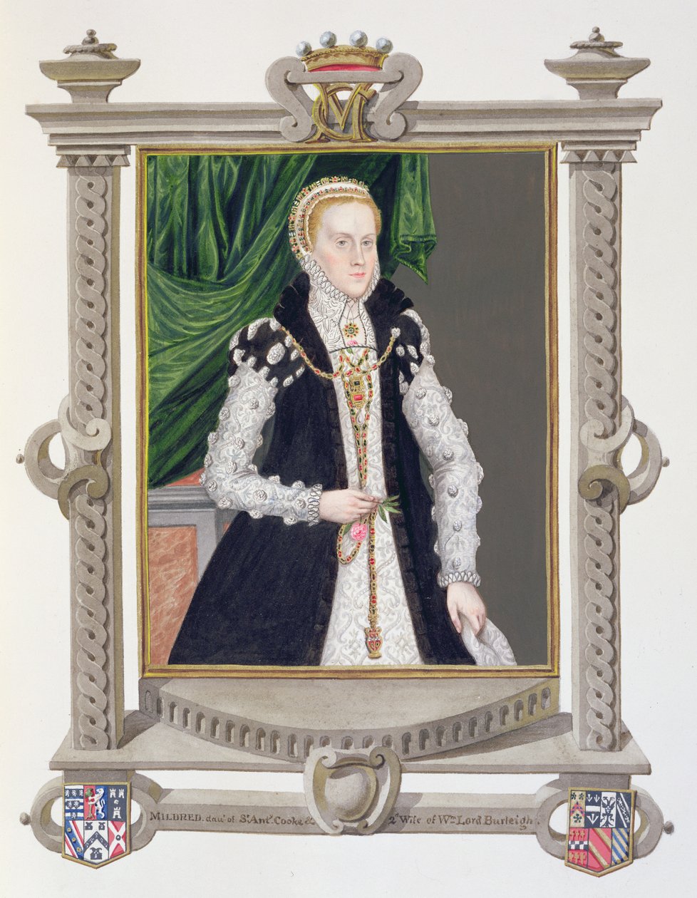 Porträtt av Mildred Cooke, Lady Burghley från "Memoirs of the Court of Queen Elizabeth", publicerad 1825 (wc och gouache på papper) av Sarah Countess of Essex