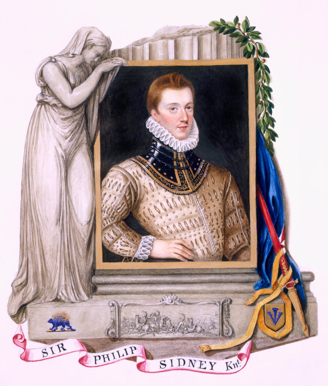Porträtt av Sir Philip Sidney (1554-86) från "Memoirs of the Court of Queen Elizabeth", publicerad 1825 (wc och gouache på papper) av Sarah Countess of Essex
