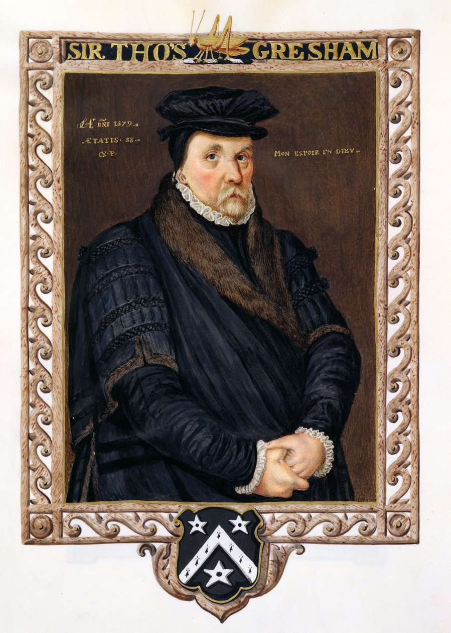 Porträtt av Sir Thomas Gresham (ca 1519-79) från "Memoirs of the Court of Queen Elizabeth" efter porträttet av Antonio Mor, publicerat 1825 (wc och gouache på papper) av Sarah Countess of Essex